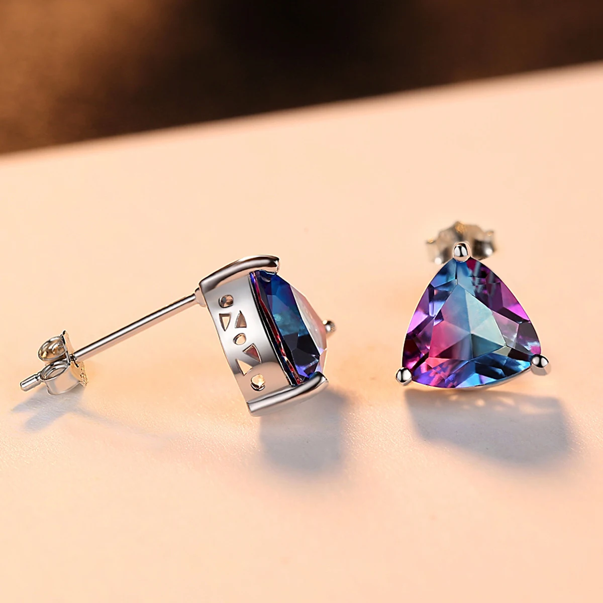 CZCITY Triangle Genuine Rainbow Fire Mystic Topaz Real 925 Sterling Silver Women Stud Earrings