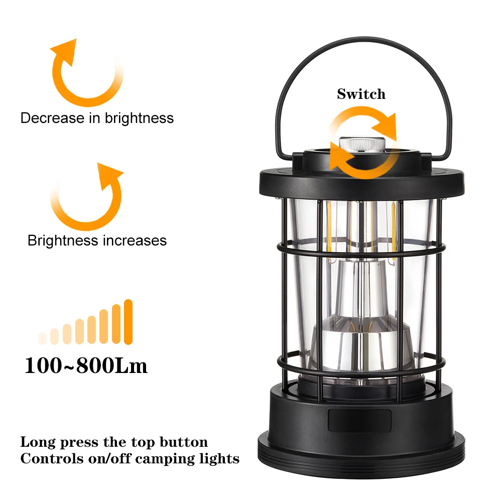 Vintage Metal Hanging Camping Lanterns 3600mAh Battery Powered Warm Light  Led Camp Lantern Rechargeable Tent Light