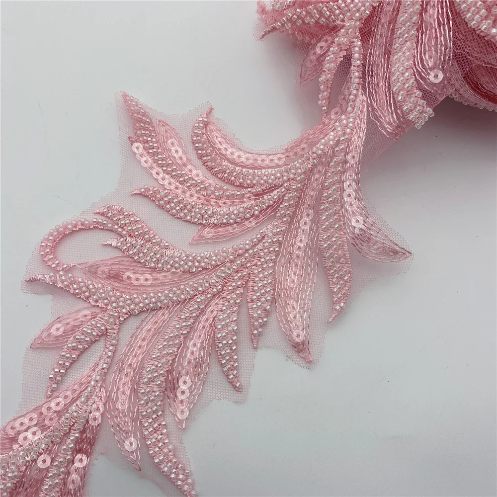 Hottest Beaded Sequin Leaf Lace With High Quality Tulle Embroidery Wedding Dress Lace Fabric  Bridal Gown Lace Trim