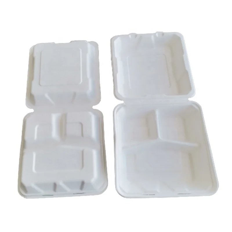 8 Inch Biodegradable Sugarcane Bagasse Clamshell 3 Compartment Disposable  Lunch Box