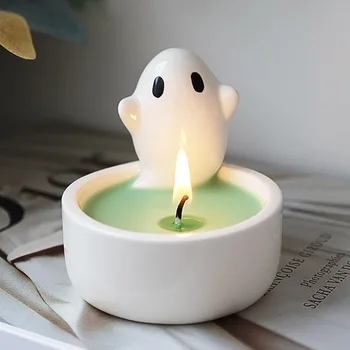 Wholesale Customized Funny Cute Ghost Candlestick Candle Holder Halloween Ceramic Candle Jar