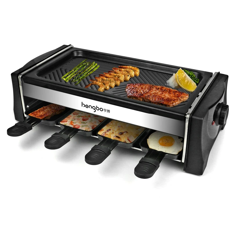 ,34cm Black Multifunction Family Electric Barbecue Grill 2 in 1 With Non-Stick Plates and Adjustable Temperature Control 1700 Watts CHOME Raclette Grills for 6 People 
