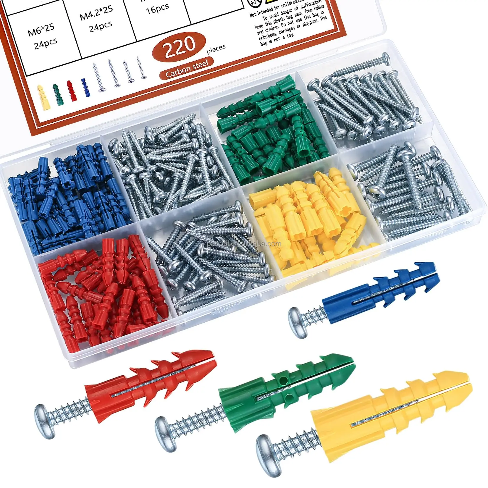 High Quality 220pcs Self Tapping Screw Assorted Sizes Nylon Wall Plug Plastic Anchor and Pan Head Steel Material Inch System factory