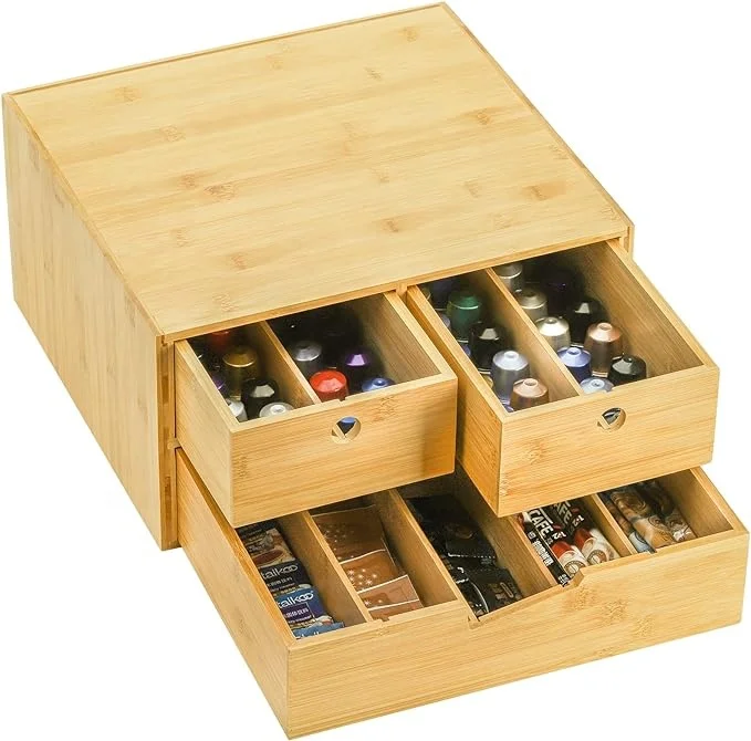 JQ Multi-Functional Bamboo Tea Box Coffee Capsule Holder Tea Bag Organizer Box with Sliding Drawer & Divider