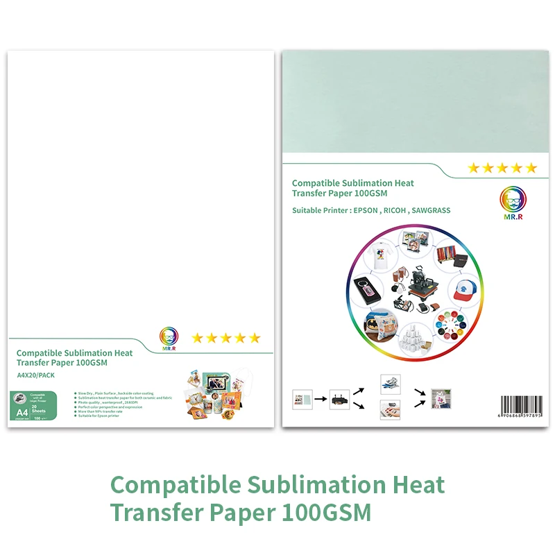MR.R Papier de transfert de chaleur sublimé pour tasses sublimées aluminium et t shirt en polyester blanc 100gsm A4 100 feuilles verre 