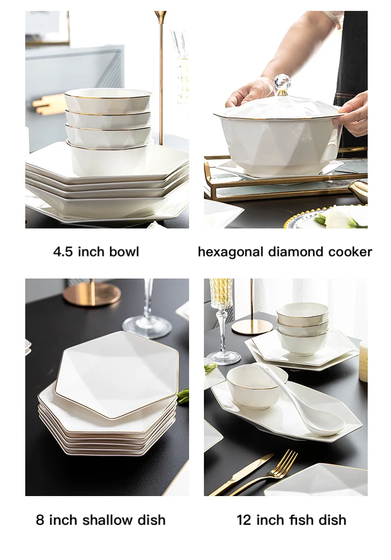 Chinese Factory Price Dish Set Custom Hexagonal White Food Plates Dinnerware Tableware with Gift Box