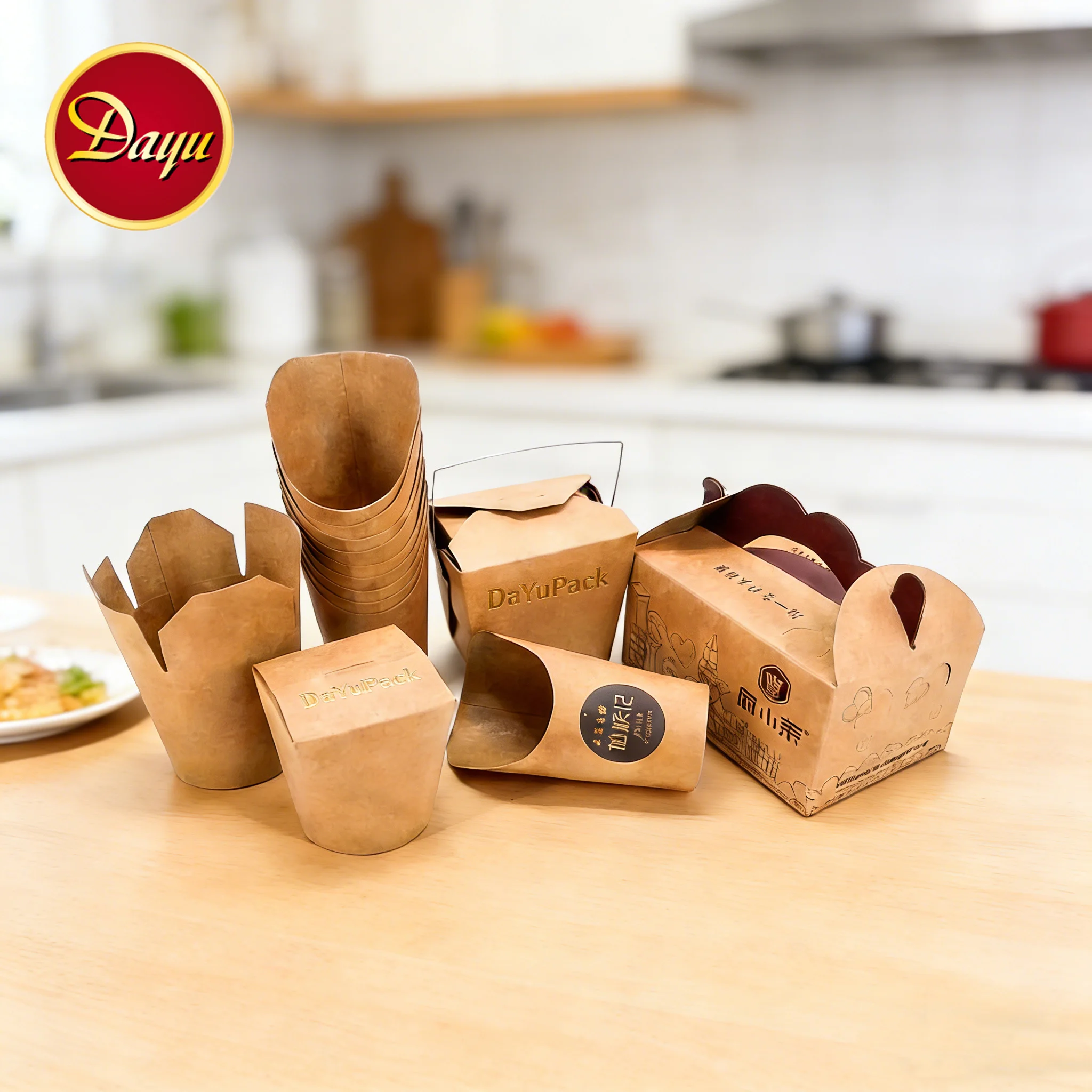 Printing Kraft Paper Snacks Scoop Cup French Fries Chips Chicken Neggets Take Out Packaging Paper Boxes Recyclable