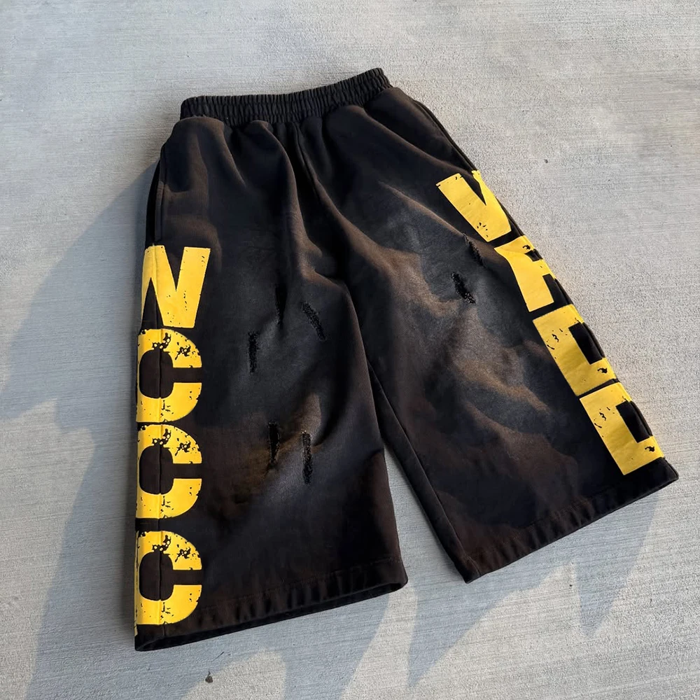 Manufacturer Custom Printed Men's Oversized Knee Length Ripped Distressed Baggy Vintage Acid Wash Sweat Jogger Shorts manufacture