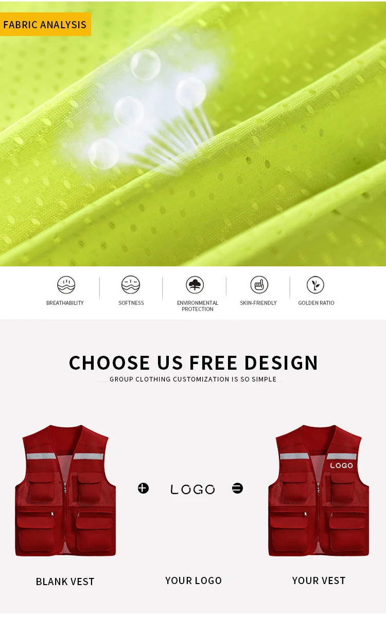 Customized printing logo photography vest Waistcoat for fishing reflective work wear multi pockets v