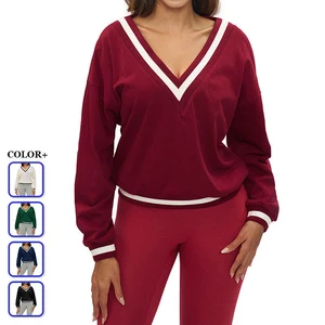 Premium Polyester Cotton V Neck Loose Sports Sweatshirt Women Long Sleeve Casual Outdoor Running Training Yoga Top