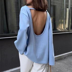 2026 Women's Knit Pullover Solid Casual Elegant Long Sleeve Patchwork Commute Clothes Female Backless Loose Knitwear Sweater