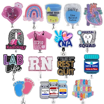 Medical Series Glitter Scrub Life LAB Acrylic Plastic RN Badge Reel For Hospital Healthcare Worker Accessories