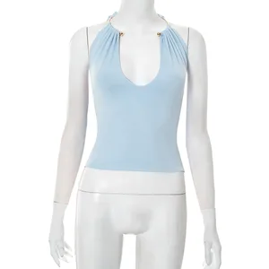 Sexy New U-neck Half-circle Metal Choker Tie-dye T-shirt Top for Women.