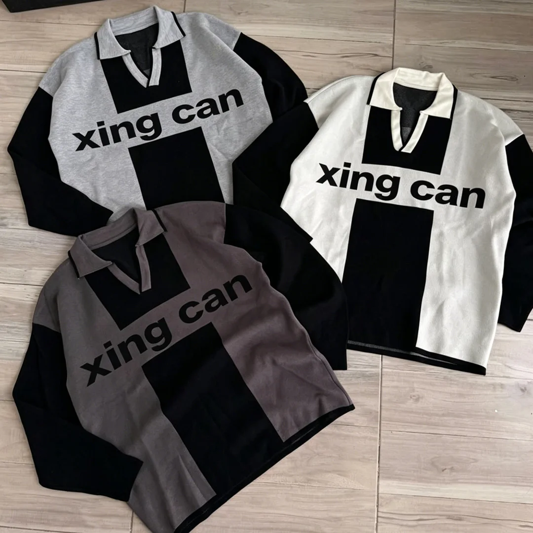 OEM Pasgemaakte Mans Langmou-polo van 100% katoen, vintage kleurblok-V-hals, groot-en-lang oorgroot raglan vir pasgemaakte handelsmerk