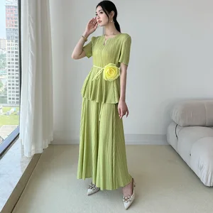 Miyake Pleated Two-Piece Set: Short Sleeve Notch Neck Top with Wide-Leg Pants + Floral Belt Elegant Casual Outfit Women's Set