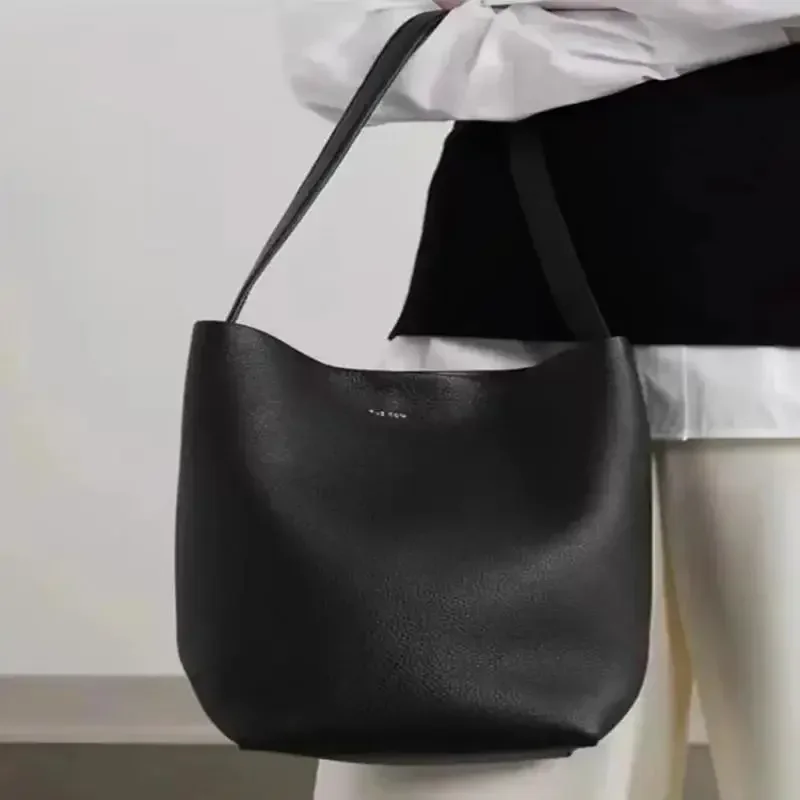 2024 Classic Lychee Pattern Cowhide Shoulder Bag Pure Color Bucket with Park Row Design Genuine Leather Tote Bag Women Handbag