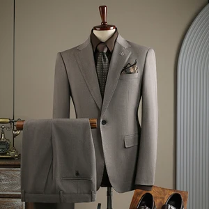 Men's Striped Business Suit European American Style Two-Piece Set with One Buckle Slim Fit Plus Size Formal Wedding Groom Suit