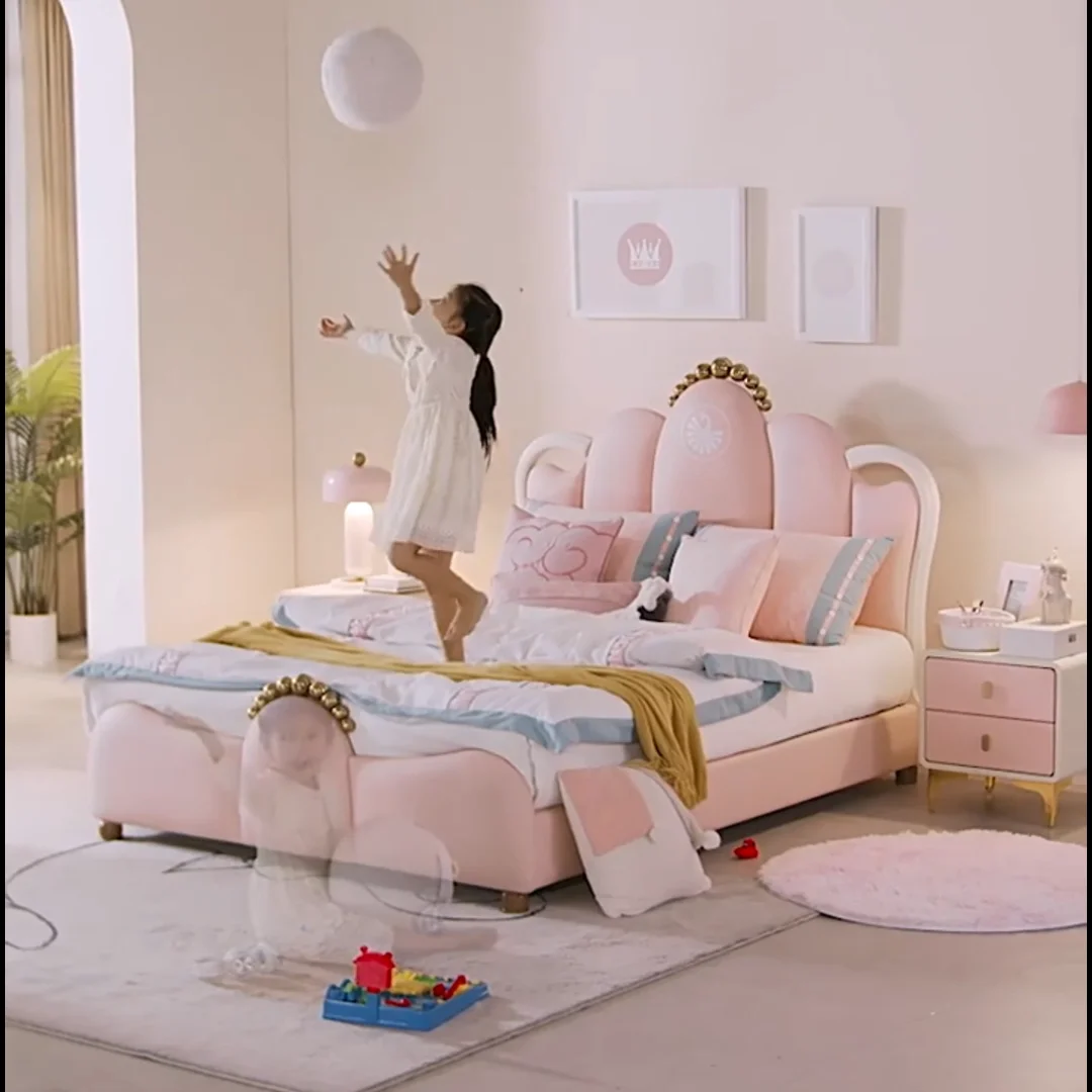 Modern Cute Pink Crown Leather Kids' Bedroom Furniture Upholstered