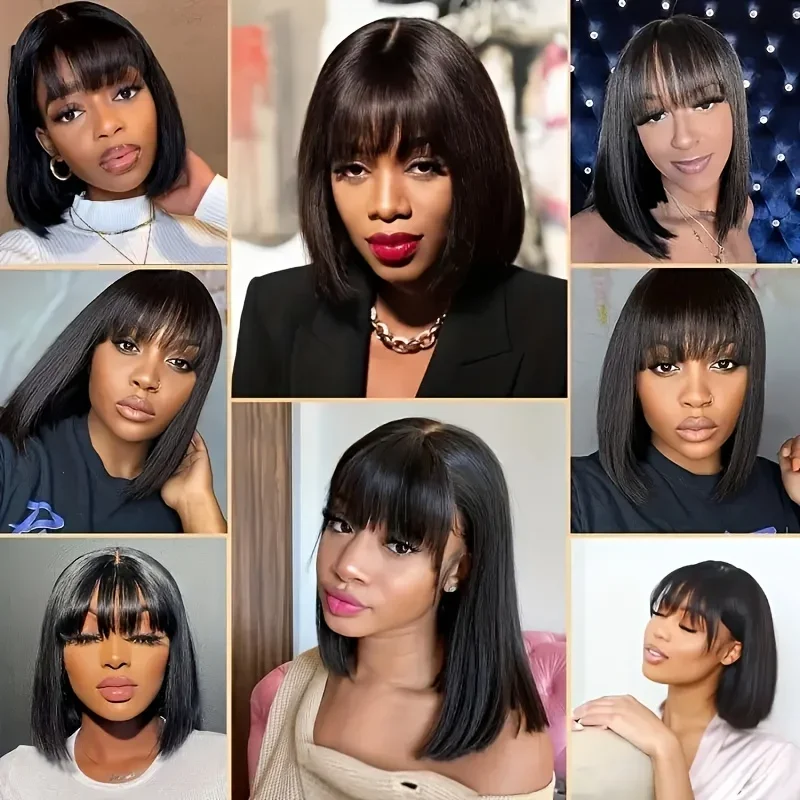 3x1 Middendeel Kant Korte Bob Pruik Met Pony Fringe Recht Menselijk Haar 100% Pruiken_voghion.com