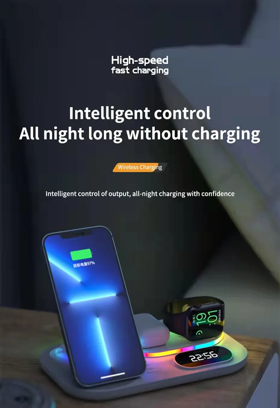 30W RGB LED Multifunctional Wireless Charger 3-in-1 Foldable Magnetic Charger Station with Night Light for iPhone and Samsung