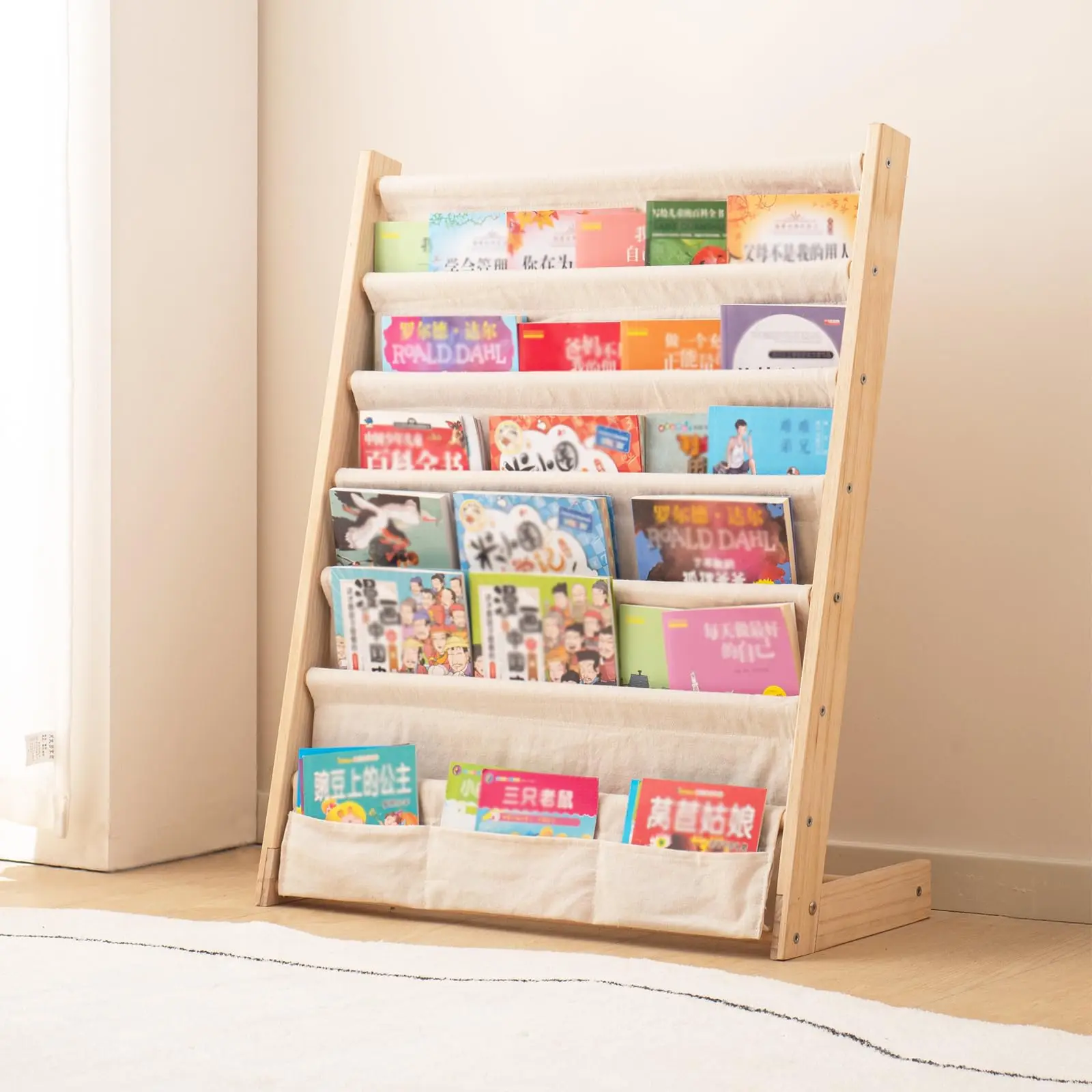 Bamboo Bookrack Canvas Book Storage Shelf Display Bookshelf 6 Tier Kids Book Rack for Bedroom Living Room