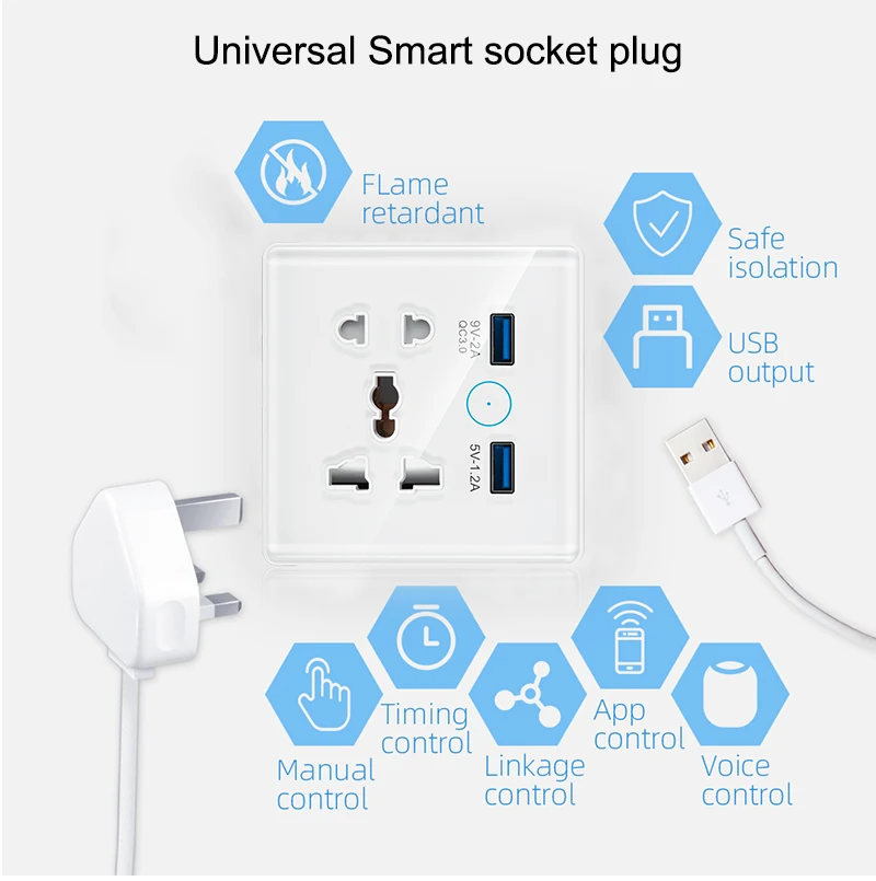 Tuya WiFi Smart Socket Switch Universal Plug for EU UK Quick Charge 3.0 B Port 16A Wall Socket 2 Compatible Alexa Google Home
