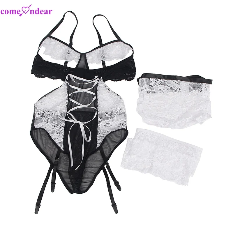 White Lace Sexy Costume Garter Belt Cosplay Lingerie High Quality Luxury Lingerie Set With Apron 0462