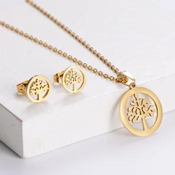 XL22354 Gold Stainless Steel Thin Chain Coin Life Tree Pendants Necklace Stud Earring Women Jewelry Sets Bisuterial