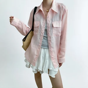 Custom Women's 100% Linen Pink Button-Down Shirt with Chest Pockets, Loose Fit
