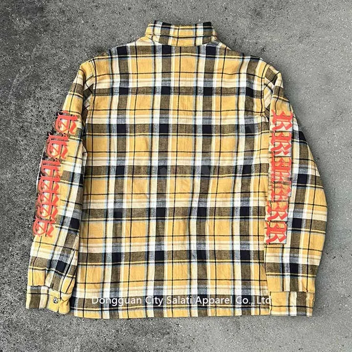 Salati Custom Silk Screen Printed Breathable T-shirts Button Boxy Fit Oversized Full Long Sleeve Vintage Padded Plaid Check gallery 2