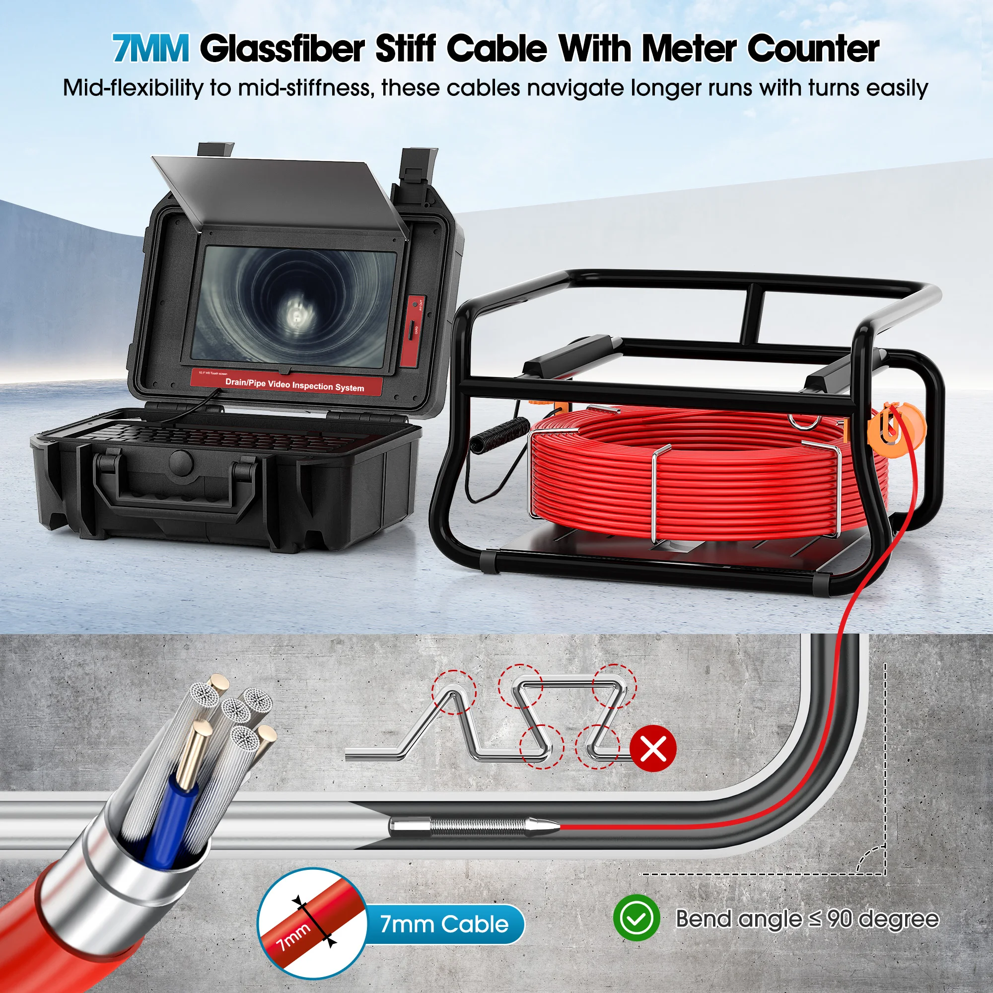 512Hz Sonde Sewer Camera10.1-inch Touch Monitor&Meter Counter with Self-leveling Function &7mm Cable for Pipeline Inspection manufacture