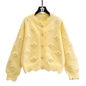 Autumn 3D Beaded Flower Knitted Cardigan Sweet Loose Long Sleeve Floral Knitwear Casual Knitted Sweater Cardigan for Women