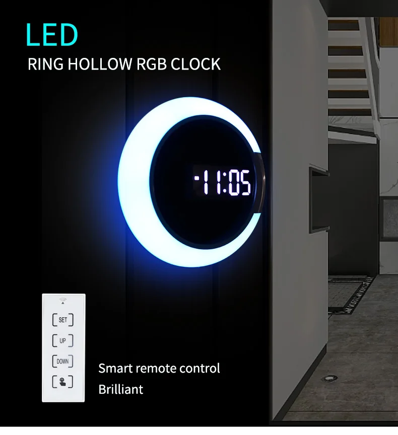 Simple 3d Led Mirror Clock Seven Color Light Choose Luminous Wall Clock Night Light Clock For