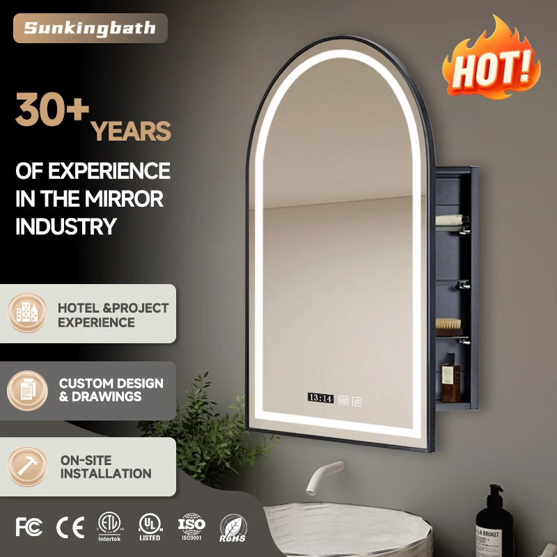 Hotel Bathroom Lighting LED Arch Cabinets Custom Surface Mount Medicine Cabinets Wall Mounted Bathroom Cabinets With Mirror
