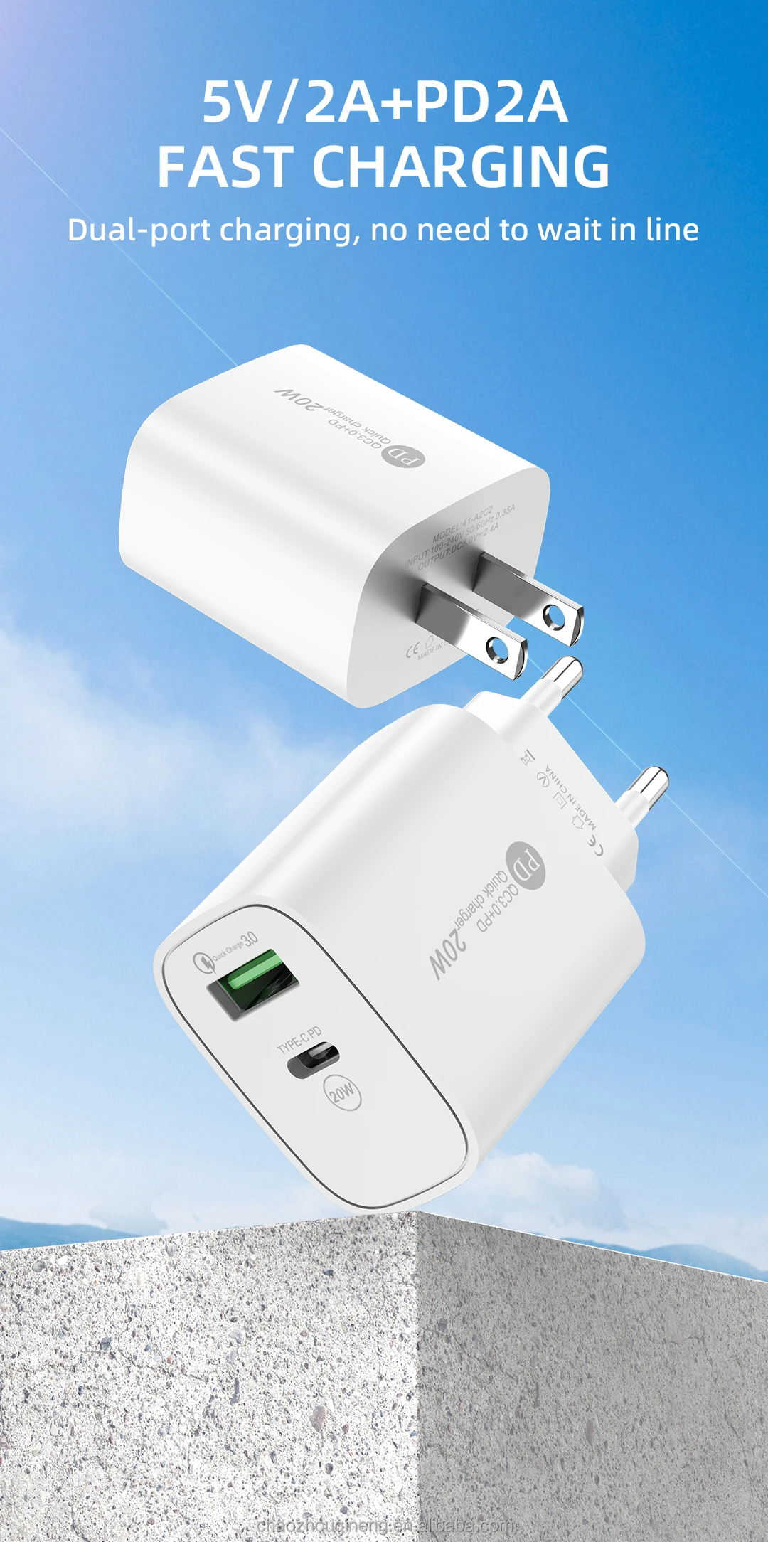 Portable Bulk Usb Phone Charger 5V2A Dual-port Fast Charger Adapter Plug 2in1 Mini PD Charger for Phones Wall Charger Type c OEM H897cd082446348728e3bde6b6a54784dk