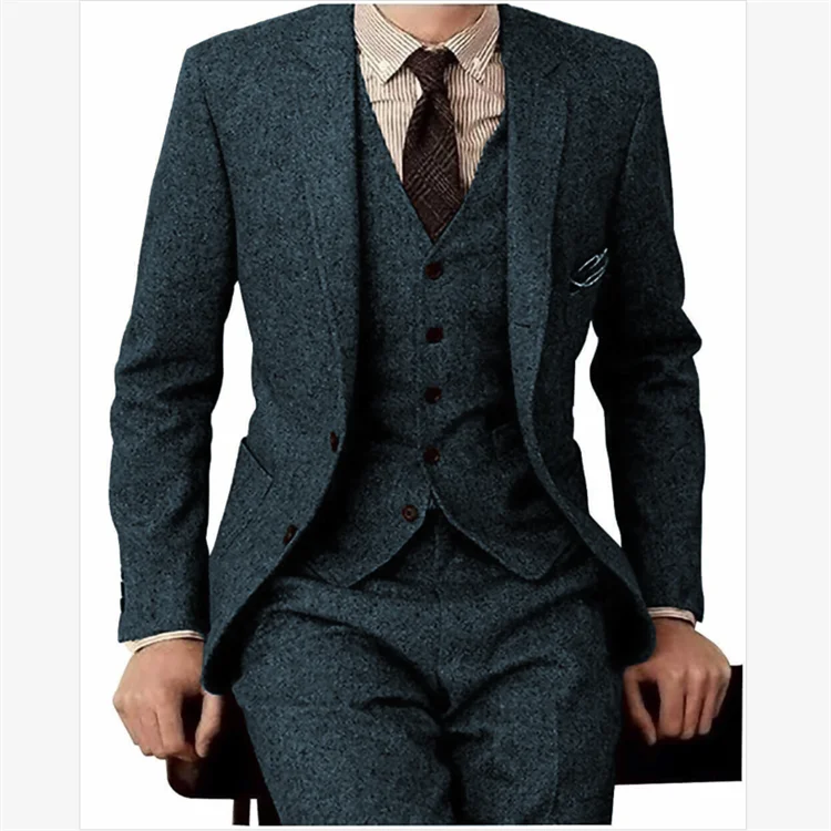 Herringbone Tweed Men Slim Fit Suits Winter Wool Fashion Groom Tuxedos New Design Blazer Vest Pants Men 3 Piece Suits