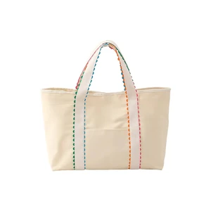 Custom  High-capacity  Beige Canvas Beach Bag New Arrival Colorful Large Canvas Tote Blank Rainbow Stripe Handle Large Tote Bag