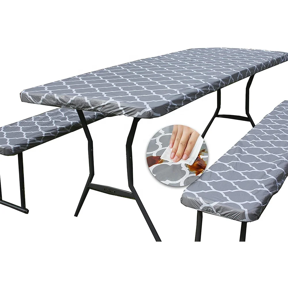 3-Piece Set Gray-White Picnic Table and Bench Fitted Tablecloth Cover KENOBEE Flannel Backing Elastic Edge Waterproof Wipeable Plastic Cover Fitted Vinyl Tablecloth for Home Indoor Outdoor Patio 