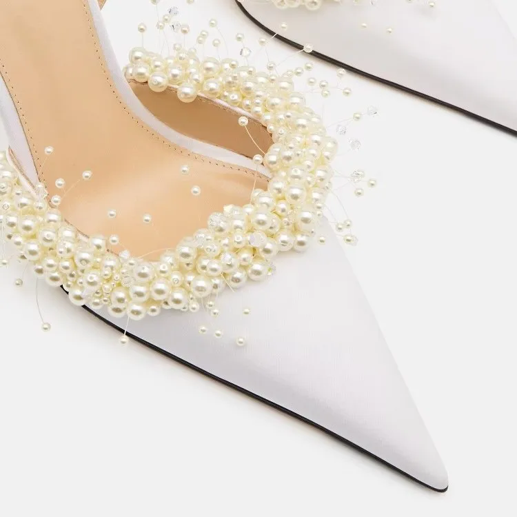 Oem&Elegant Bridal White Pearl Stiletto Heel Pointed Toe Trendy Wedding Party Daily Shoes Women Sandals - Image 2
