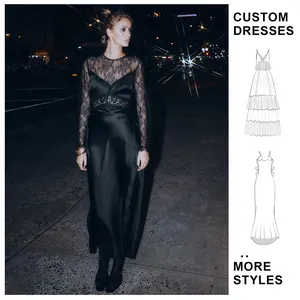 Custom 2025 Winter New Women's Round Neck Long Sleeve Lace Splicing Bodycon Long  Sleeve Elegant Dress Evening Dress
