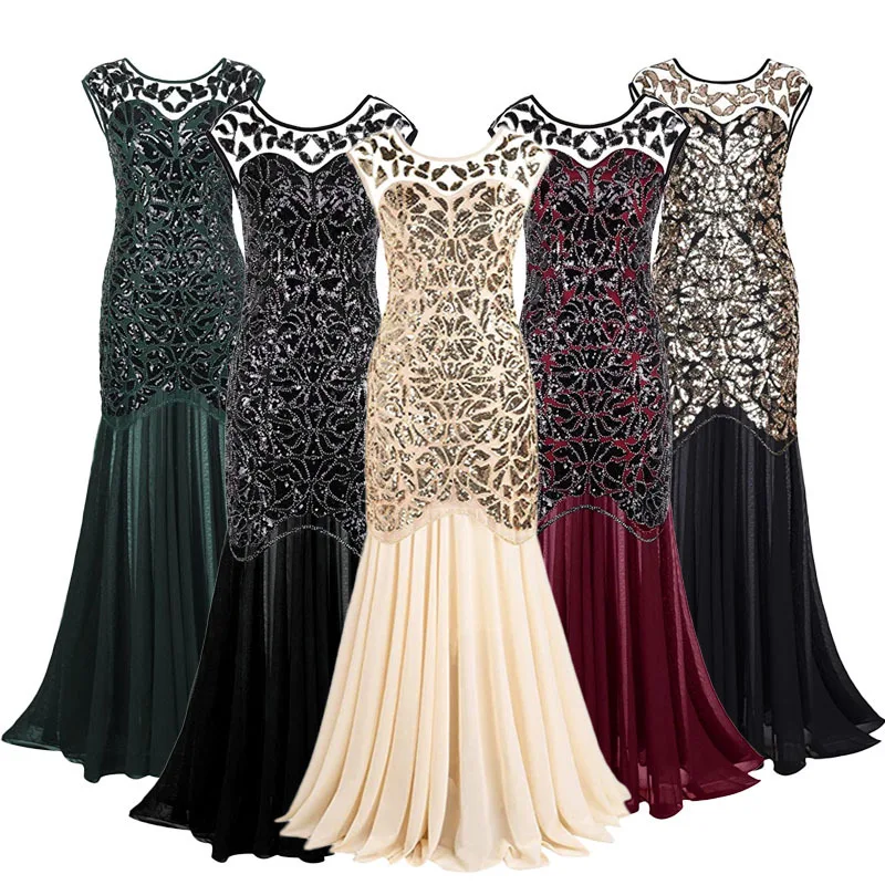 Women's 1920s Style Black Sequin Gatsby Maxi Evening Prom Dress with Empire  Waistline & Feathers Decoration for Parties