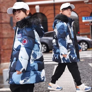 Customized Children's Bomber Jacket Winter Boys' Coat Hooded Long Coat Garment Dyed Printed Camouflage Zipper Clothes for Kids