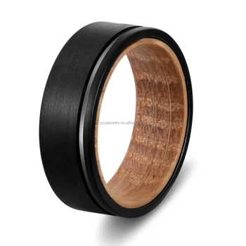 POYA Black Line Matte Finished Tungsten Ring Whiskey Barrel Wood Inlay Ring 8mm Wedding Band for Men