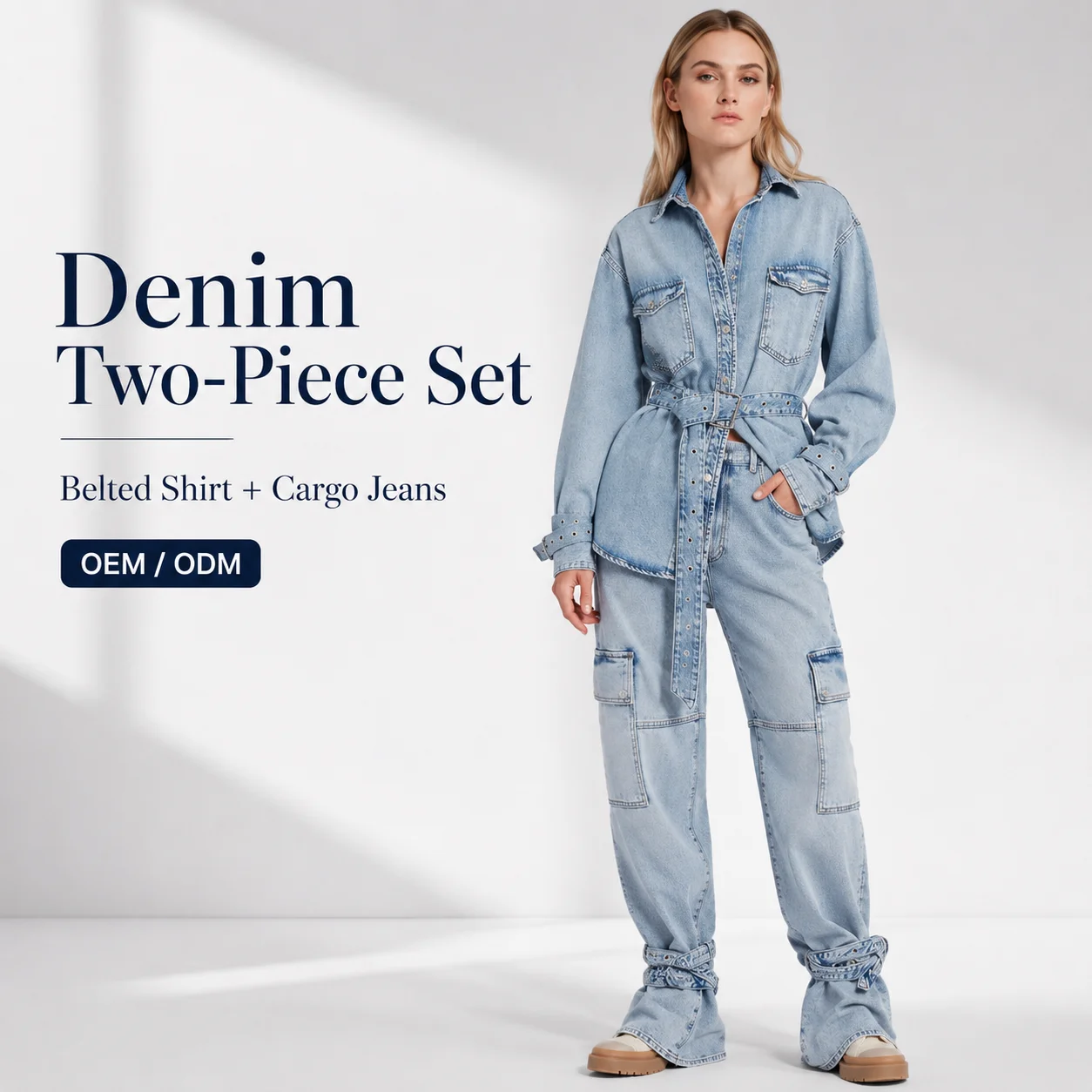 Wholesale New Fashion Casual Style Oversize Loose Breathable 100% Cotton Light Wash Long-Sleeve Comfortable Belted Women's Denim
