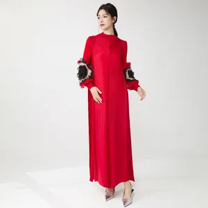 Factory-made Women's Fashion Dress Loose Plus Size Long Sleeves Dress High Quality Elastic Floral Pattern Miyake Pleated Dress