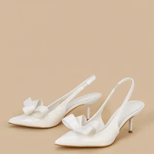 BUSY GIRL CXX212 Women's Shoes Elegant Temperament White Bow Slingback High Heel Pointed Toe Shallow Mouth Patent Leather Shoes
