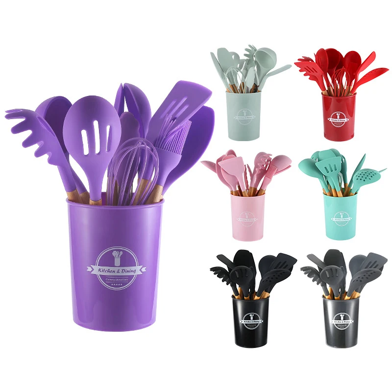 Home Kitchenware Gadgets Nonstick Silicone Cooking Set Kitchen Utensils Holder With Plastic Logo Wood Customized 12 Pieces Pink