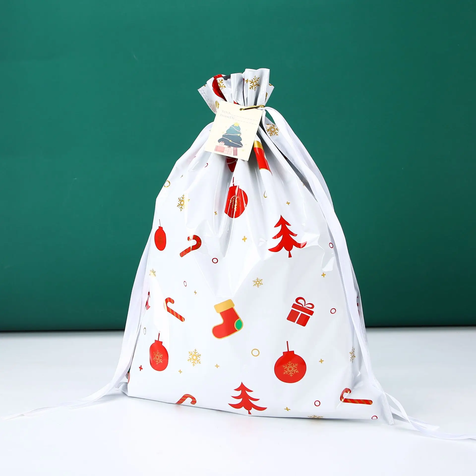 Small Moq Foil Drawstring Merry Christmas Santa Candy Party Gift Big ...