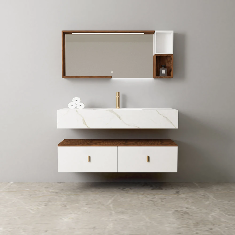 Floor Mounted Bathroom Cabinet Material: Plywood Coating: Veneer Melamine with Mirror Cabinet, Countertop, Sink & Pop-up Drainer Soft Closing Hinge & Slider No Faucet