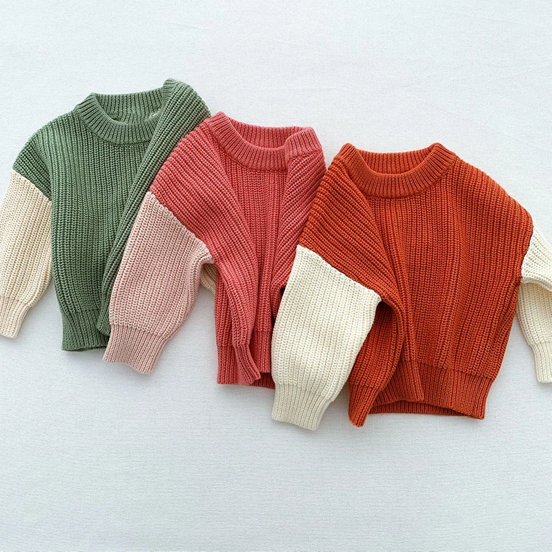 Зимний вязаный детский джемпер, свитера с цветными блоками, уличная одежда, пуловер оверсайз, свитшот, детский вязаный свитер, уютный детский свитер с круглым вырезом